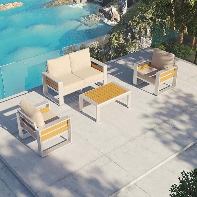 Aoxun Aluminum Outdoor Patio Furniture Set, 2 Seats Metal Sectional Patio Furniture, Modern Outside Sectional Set for Backyard, Love Seat Sofa ×1, Silver & Beige