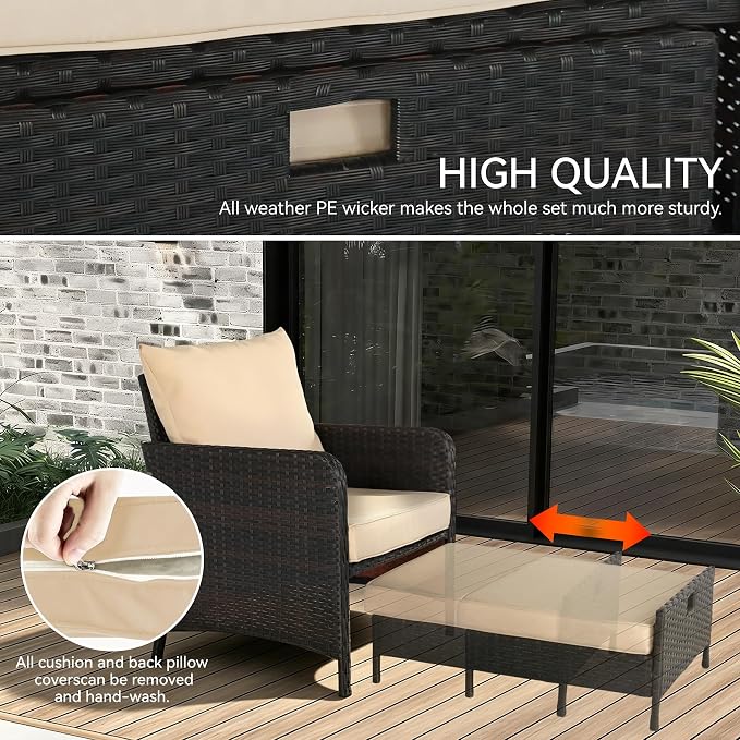 YLGJ&TIDY 5 Pieces Patio Furniture Set, Rattan Outdoor Lounge Chairs with Soft Cushions,Outdoor Wicker Patio Conversation Set with Hidden Ottoman and Coffee Table for Porch, Garden, Backyard (Khaki)