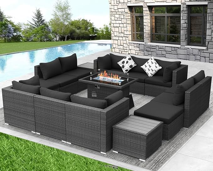 NICESOUL 15 Piece Outdoor Sectional with Fire Pit Table, Modern Luxury Patio Deep Seating w/Firepit, 29.3'' High-Back Wicker Couch Thick, Big High-Weight Capacity Sofa for Terrace, Yard, Dark Gray