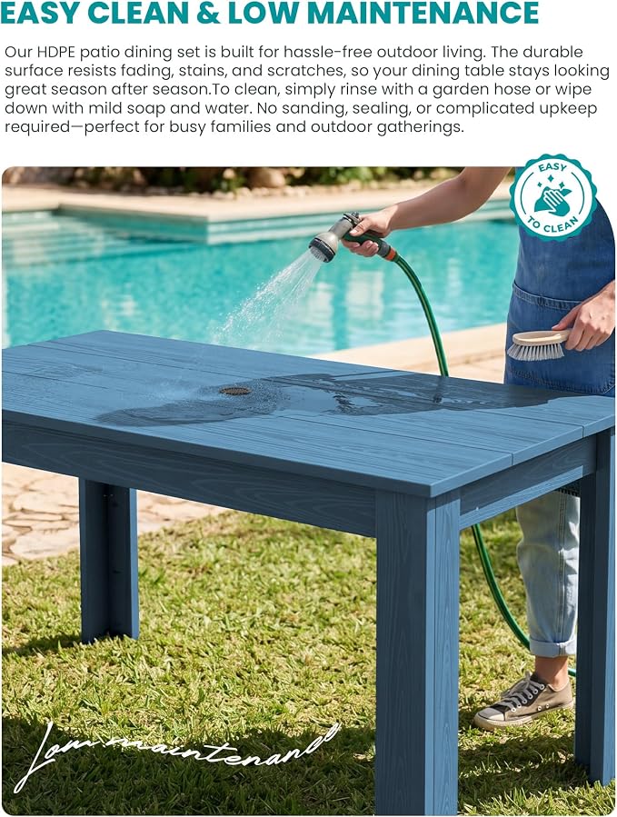 SERWALL 59" HDPE Outdoor Dining Set for 6, w/ 1 Table & 6 Chairs, Blue | Armless Patio Dining Sets for All Weather Use