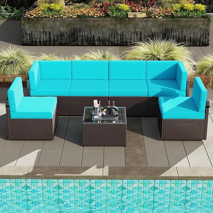 7 PCs Patio Furniture Sets, PE Rattan Wicker Outdoor Sofa, (Sectional Conversation Set with Tea Table and Cushion)