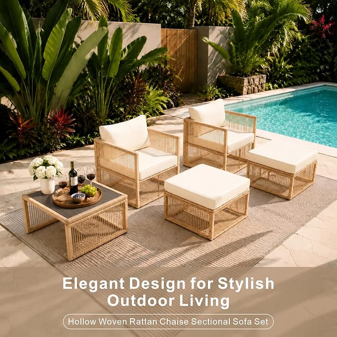 5 Piece Patio Furniture Set, Outdoor Sectional Sofa Set with 2 Ottomans, Coffee Table, Washable Cushions, All Weather Patio Wicker Conversation Set with Arm Chairs for Backyard, Porch, Balcony, Deck