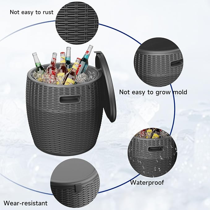 EasyUp 9.5 Gallon Outdoor Cooler Table, Wicker Round Ice Bucket for Parties, Rattan Bar Table with Top Lid Side Handles Drainage Plug, Beer Wine Cooler Side Tables for Patio, Poolside, Deck, Black