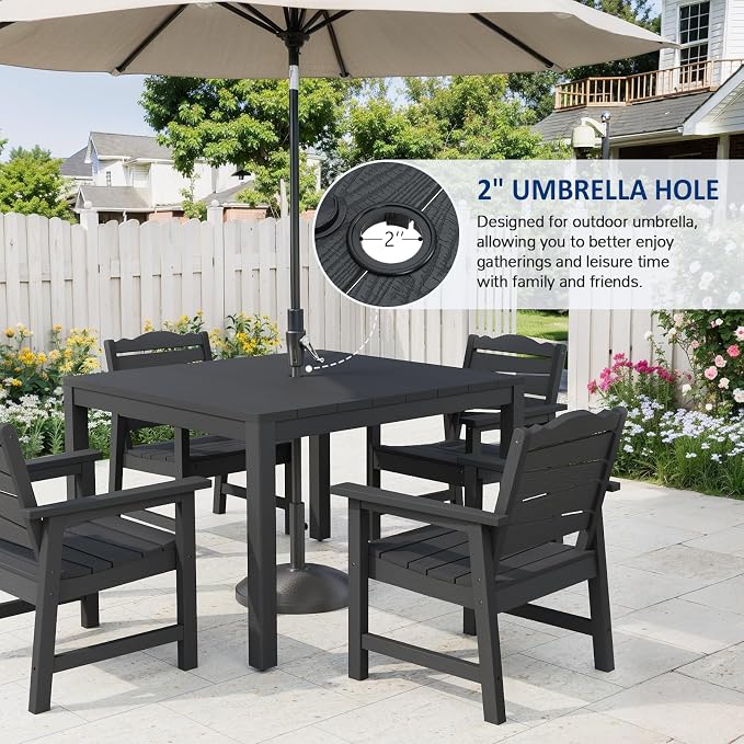 5-Piece Patio Dining Set, Outdoor Dining Square Table w/Aluminum Frame and 4 Chairs, Weatherproof HIPS Dining Furniture with Umbrella Hole, for Backyard Garden Deck Poolside, Black