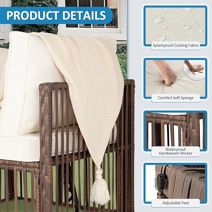 FHFO 7 Pieces Outdoor Patio Furniture Set, Wicker Outdoor Sectional Conversation Couch Set with Adjustable Backrest Sofa, Thick Cushion & Coffee Table for Garden, Porch, Poolside, Brown/Beige