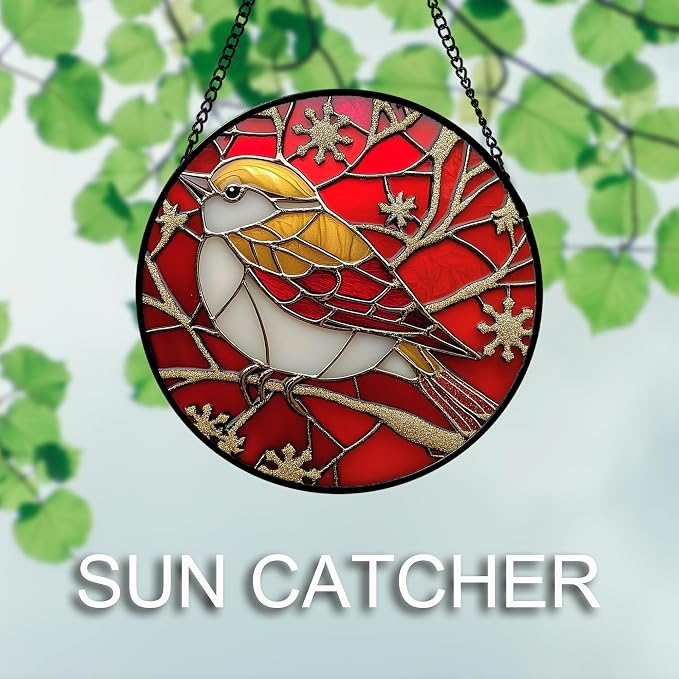 DASTOLL Stained Glass Window Hanging 4 Pcs Set Red Christmas Themed Decorations 9.8" - Suncatcher Door Garden Sun Catcher Decor Birthday New Year for Mom Woman Nana Men
