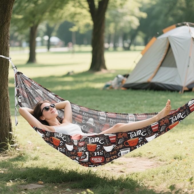 Camping Hammock Outdoor Hammocks for Outside Coffee Time Brown Beach Trees Portable Lightweight with Pockets Tree Straps Indoor