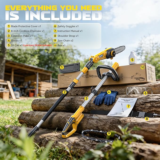 Ecarke Electric Pole Saw Compatible with Dewalt 20V, 16FT Max Total Reach, 8 Inch Detachable Tree Cutter, Electric Chainsaw Trimmer, 26ft/s Cutting Speed Pruner for Branch Pruning (Tool Only)