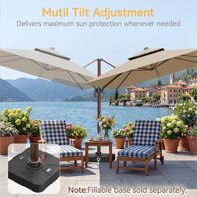 10x13 FT Wood Pattern Patio Umbrella, Large Deluxe Cantilever Rectangular Double Top Heavy Duty Offset Umbrellas with 360° Rotation, Outdoor shade for Garden Deck Pool Patio, Tan