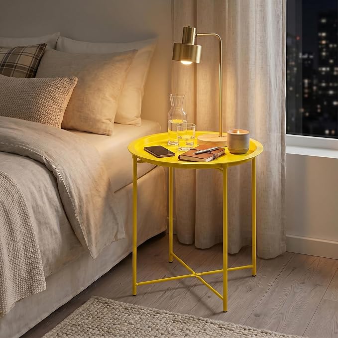 VECELO Side/End Table, Folding Round Metal Anti-Rust and Waterproof Outdoor or Indoor Tray for Living Room Bedroom Balcony and Office, 1 PCS,Yellow