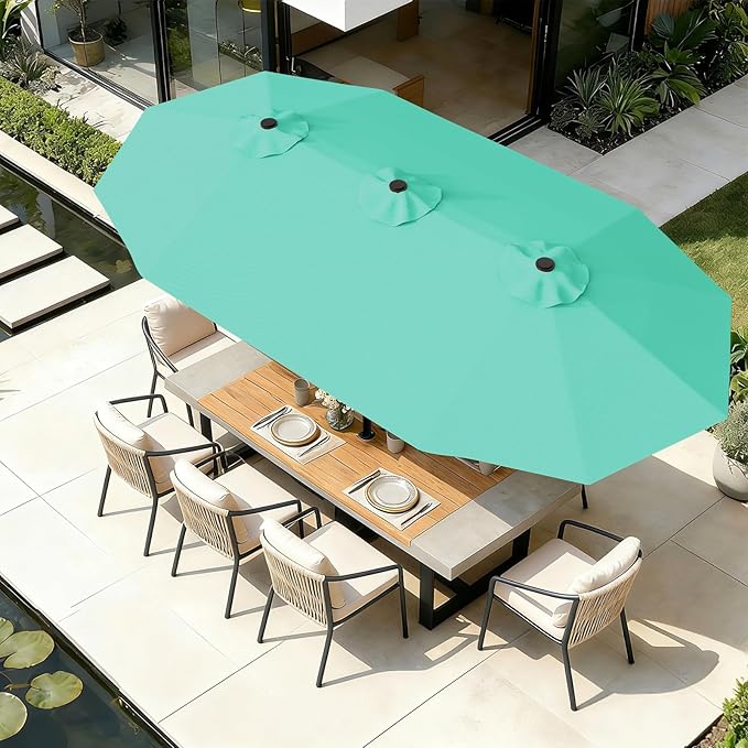AreShark 15FT Outdoor Patio Umbrella with Crank, Large Rectangular Market Umbrella, Double-Sided Outdoor Umbrellas with Cross Base & Sandbag for Porch, Lawn, Pool, Backyard, Cerulean
