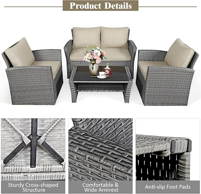 Tangkula 4 Pieces Patio Furniture Set, All Weather Outdoor Sectional Rattan Sofa Set with Cushions & Tempered Glass Table, Wicker Conversation Couch Set for Backyard Garden Poolside