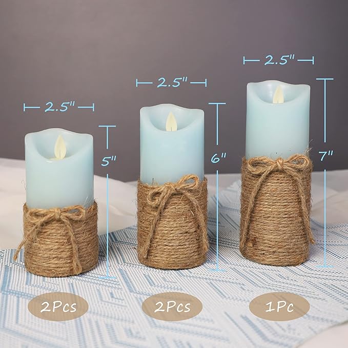 Flickering Flameless Candles, Battery Candles with Remote & Timer, Blue Led Pillar Candles for Ocean Decor, Beach Decorations, Party - Set of 5