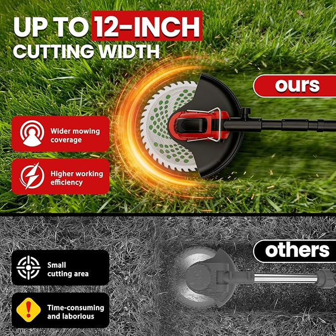 12-Inch Cordless Weed Wacker, 2x3.0Ah 21V Battery Powered Weed Eater with Wheels, 800W Brushless Motor, Electric Lawn Mower with 4 Types Blades, 20000RPM Brush Cutter Grass Trimmer for Garden Yard