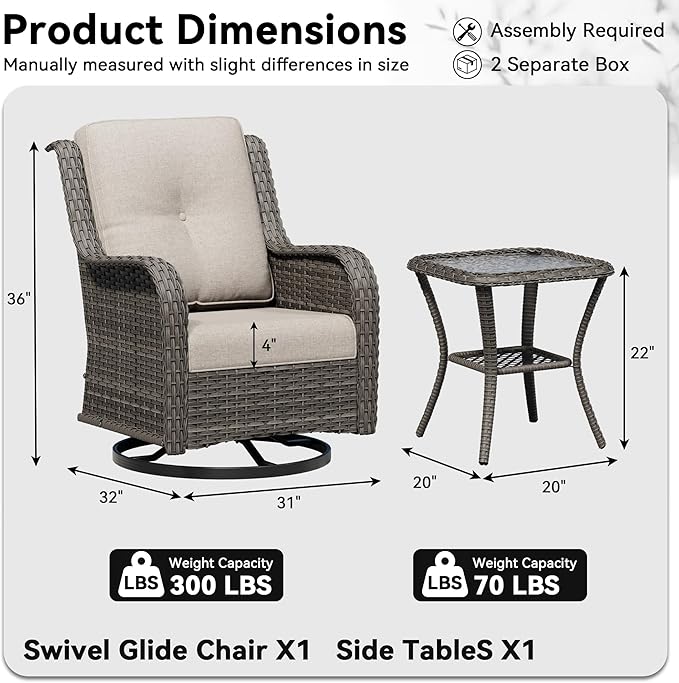 2 Pieces Outdoor Swivel Rocker Patio Chairs Set - Outdoor Wicker Patio Furniture Sets with 1 Side Table, Olefin Fabric Cushions Suitable for Backyard Deck and Porch, Beige