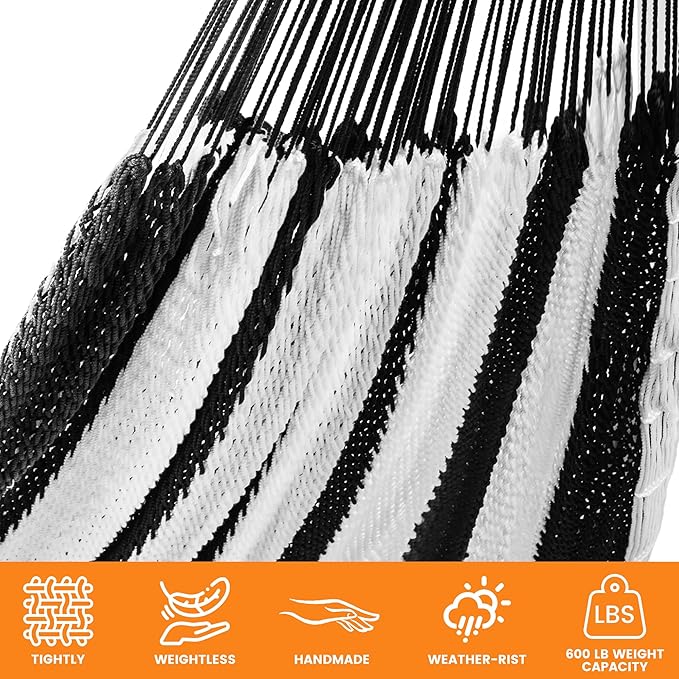 Lazy Daze Hammocks Handwoven Mayan Hammock with Heavy Duty Steel Stand, 10.5 FT Soft Rope Double Hammock for Patio Outside, 550 lbs Weight Capacity, Black/White