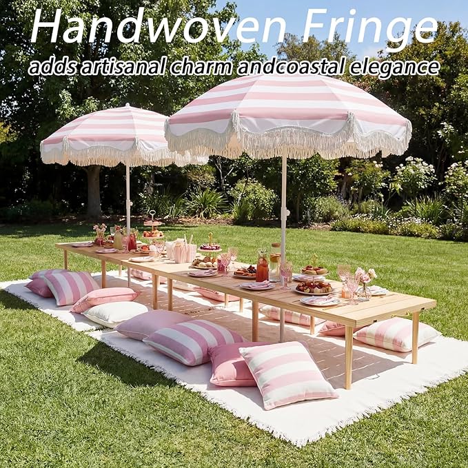 Boho Fringe Beach Umbrella with Extra Large Picnic Blanket Set, 6.5Ft UPF50+ Tassel Ruffles Umbrella 71"x 91" Picnic Blanket for Beach Wedding Bridal Shower Birthday Party Patio Lawn