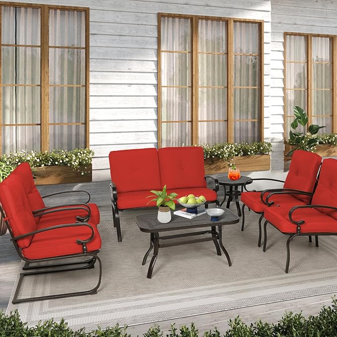 Oakcloud 7Pcs Metal Outdoor Furniture Patio Conversation Set (Loveseat, Coffee Table and Bistro Table, 2 Spring Chair, 2 Dining Chair) -Wrought Iron Patio Chair Set with Cushions (Red)