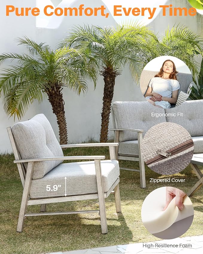 Aluminum Patio Sofa Set, 4 Piece Outdoor Patio Furniture Set with Thick Cushions, All Weather Outdoor Sectional Sofa Couch Sets for Deck, Lawn, Poolside, Backyard, White Oak
