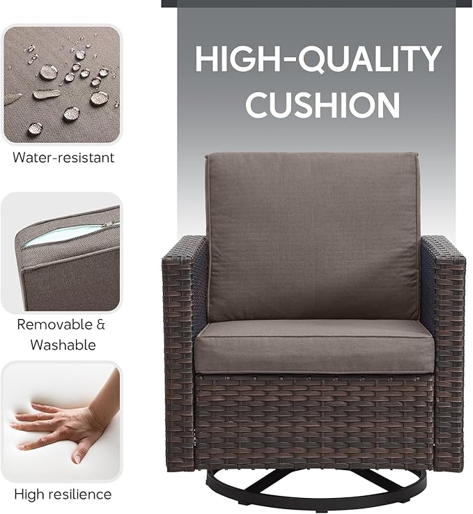 6 Piece Wicker Patio Furniture Set - Outdoor Swivel Rocker Chairs Set with Coffee Table, 3 Seat Sofa & Ottomans, Small Patio Conversation Sets Proch Furniture for Balcony Deck - Brown/Grey