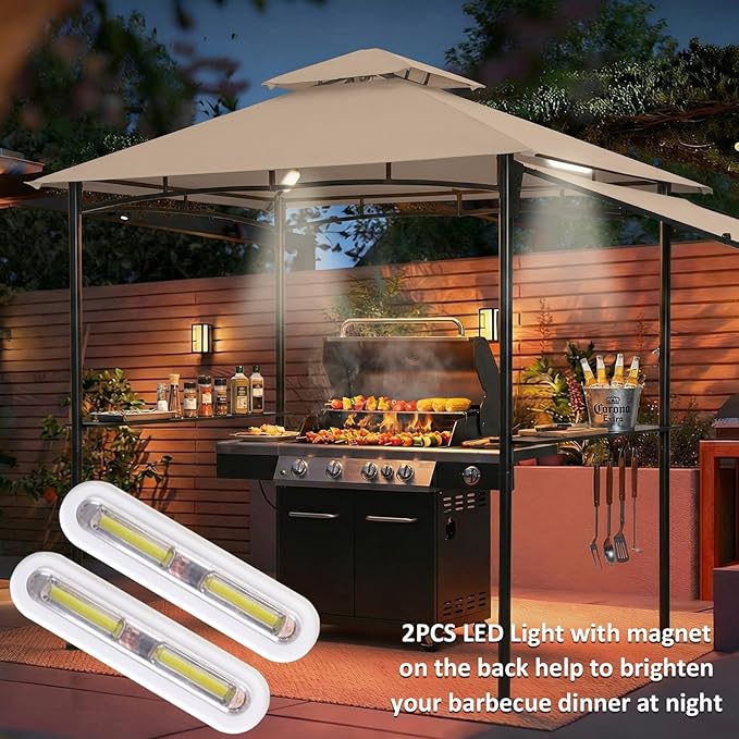 FAB BASED 5x8 Grill Gazebo with Extra Awning, All-Weather Steel Construction, Double Tiered & Resistant Canopy Roof, Metal Serving Shelves, 2 LED, Bottle Opener for Patio, Backyard, BBQ (Khaki)