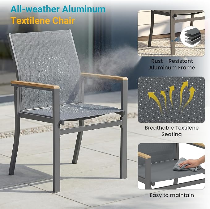 5-Pieces Aluminum Patio Table and Chairs Set, Outdoor Patio Furniture Set with Heavy Duty HDPS Rectangular Table, All-Weather Outdoor Dining Set with Quick-Drying Breathable Textilene Chairs for Porch
