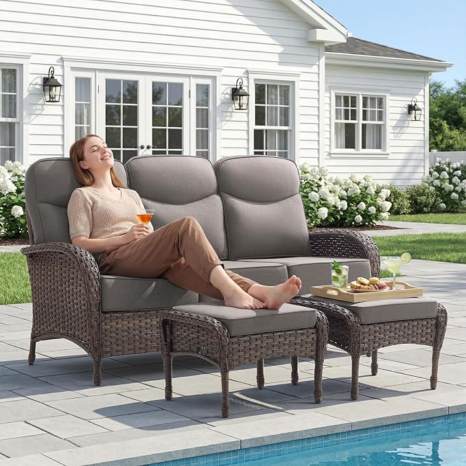 HUMMUH 9-Piece Patio Furniture Set with Upgraded 6" Thick Cushion - High Back Outdoor Swivel Rocker Chairs with 3-Seater Sofa Set of 2,Wicker Outdoor Conversation Set for Deck, Porch, Yard, Poolside