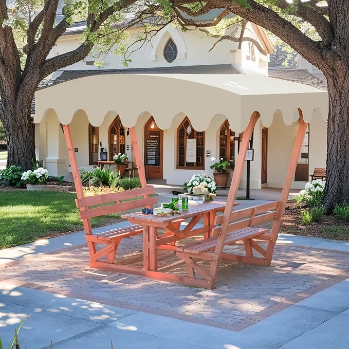 Outdoor Waterproof Solid Wood Picnic Table with Removable Canopy & Benches, Rectangle Tabletop, All-Weather for Patios, Gardens, Decks, Parks, Beaches