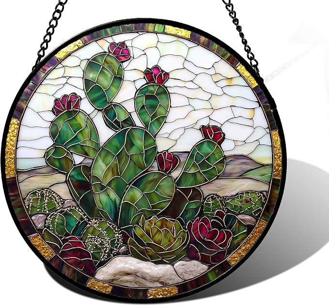 DASTOLL Stained Glass Window Hanging,Green Cactus Purple Flowers Suncatcher Diamond Glass Panel Sun Catchers Decor for Birthday for Women, Men, Wife, Aunt, and Mom 7.8 in