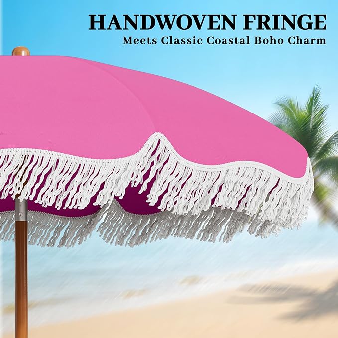AreShark 7ft Patio Umbrella with Fringe, UPF50+ Beach Umbrella for Table, Pool & Garden, Portable Outdoor Tassels Umbrella w/Fiberglass Ribs&Push Bottom Tilt(Light Pink)