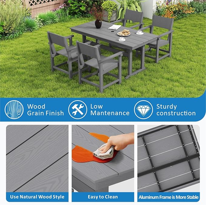 5-Piece HDPE Outdoor Patio Dining Set,Outdoor Table and Chairs,Modern Plastic Dining Sets with Umbrella Hole Cut-Out Table and 4 Chairs Gray