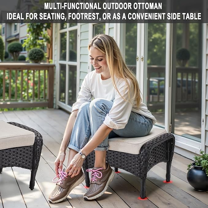 Belord 5 Pieces Wicker Patio Furniture Set - Swivel Rocker Outdoor Chairs with Ottomans and Side Table, Small Patio Conversation Set for Deck Porch Backyard Black