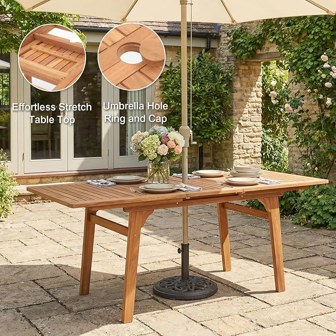 SUNSITT 5-Piece Outdoor Patio Dining Set, 55" - 71" Acacia Wood Expandable Outdoor Table Set with Umbrella Hole, 4 Curved Patio Arm Chairs w/Removable Cushions for Backyard, Porch, Deck