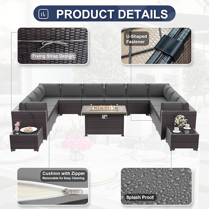 Patio Furniture Set with Fire Pit Table 15 PCS Outdoor Sectional Furniture Rattan Patio Conversation Set with 43in Propane Gas Fire Pit Table and Glass Table, Grey