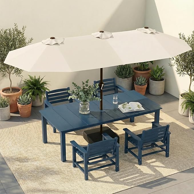 HDPE Outdoor Dining Set for 4, 5-Piece Outdoor Dining Table Set with 15FT Patio Umbrella, Patio Table and Chairs Set with Aluminum Frame & Legs (Blue)