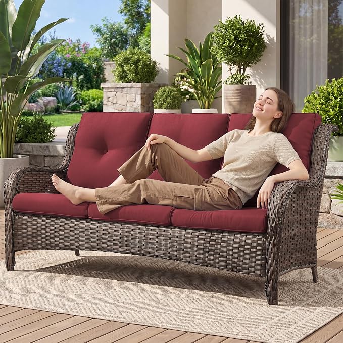Belord Patio Sofa Luxury PE Wicker 3-Seater Outdoor Couch, Modern All-Weather High Back Deep Seat Woven Furniture Set for Porch, Deck, Balcony, Backyard - Brown/Red