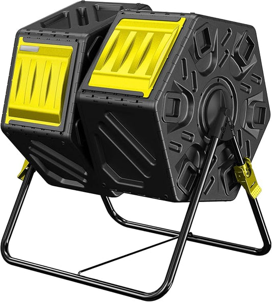 Compost Bin Outdoor, 2 Separate Tumbling Chambers, 37Gal Lagre Compost Tumbler with Sliding Door and Aeration System, 360° Rotating, Tumbling Composter Bin for Kitchen, Garden, Yard, Black Yellow