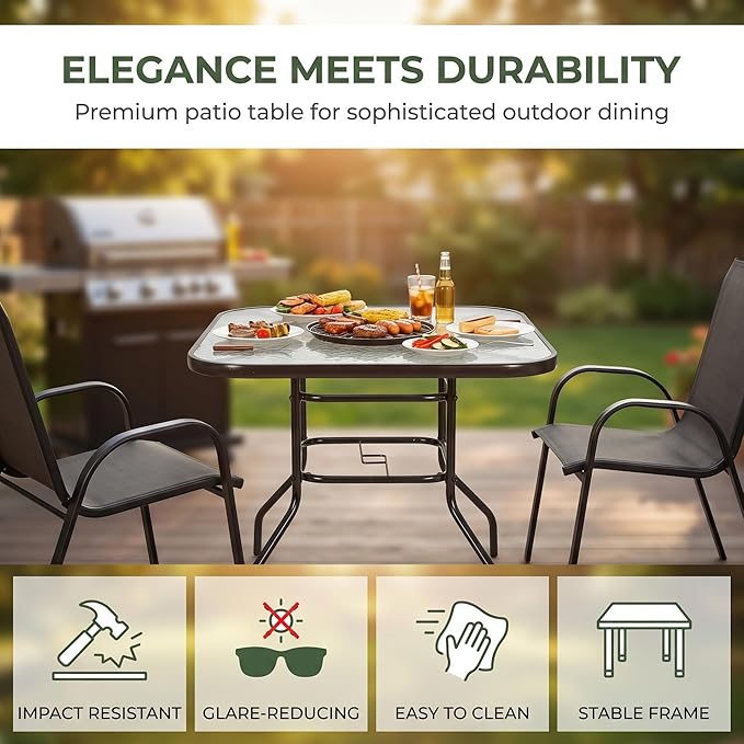 31.5" Square Outdoor Dining Table, Toughened Glass Patio Table with Umbrella Hole for Yard and Garden