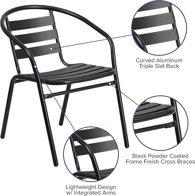 Flash Furniture Lila 5 Piece Patio Dining Set - 55" Tempered Glass Patio Table with Umbrella Hole - 4 Black Metal Aluminum Slat Stack Chairs