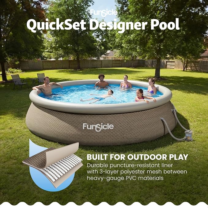 Funsicle Quickset Designer 12' x 36" Round Above Ground Swimming Pool, with FiltraBoost 800 GPH Filter Pump, Type D Filter Cartridge & Repair Patch, Triple Basketweave Print