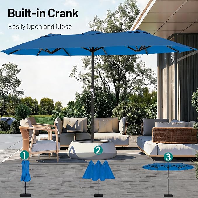 AreShark 15FT Outdoor Patio Umbrella with Crank, Large Rectangular Market Umbrella, Double-Sided Outdoor Umbrellas with Cross Base & Sandbag for Porch, Lawn, Pool, Backyard, Royal Blue