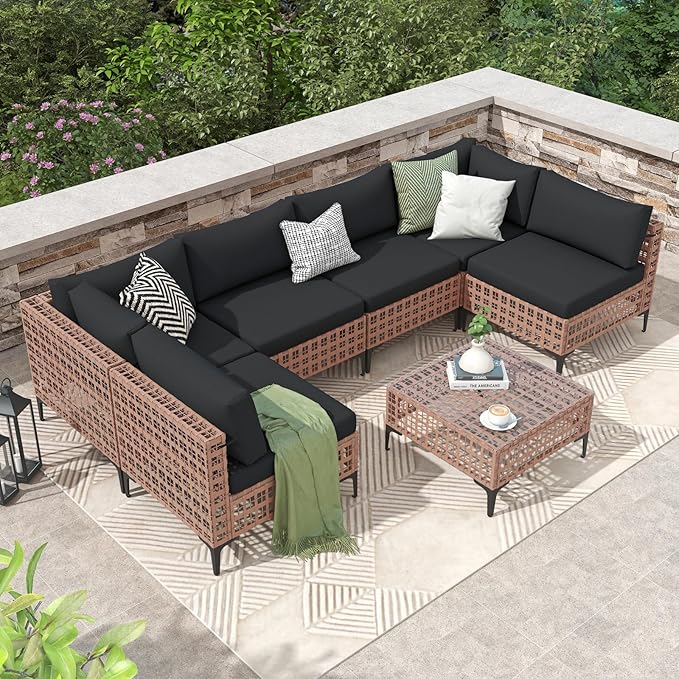 Patiorama 7 Piece Wicker Patio Furniture Set, Natural-Colored PE Rattan Outdoor Conversation Set Sectional Sofa with Water Resistant Cushion and Glass Table, Outdoor Couch, Porch, Backyard-Black
