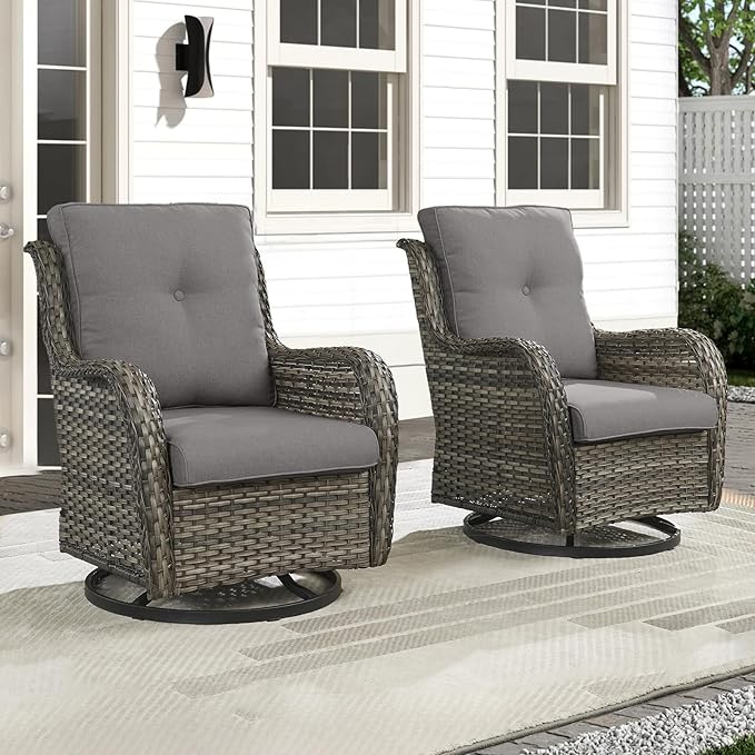 Outdoor Swivel Rocker Patio Chairs-Wicker Patio Swivel Chairs Set of 2 PE Rattan Patio Furniture for Porch Deck Balcony Garden-Grey/Grey