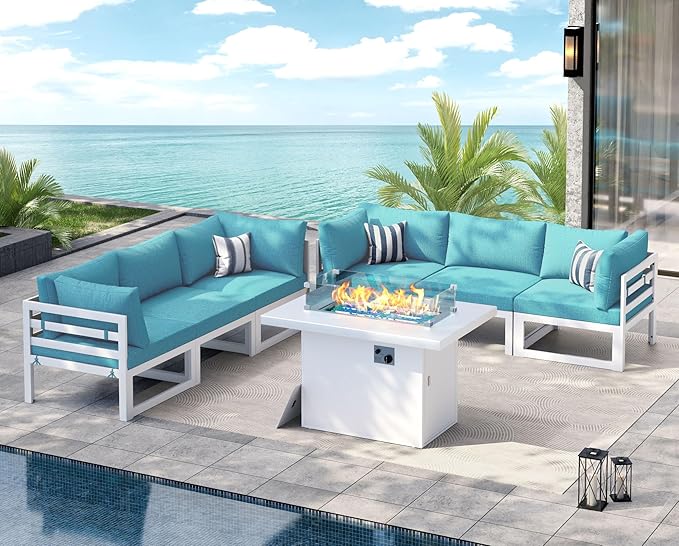 NICESOUL 6 Person Modern Aluminum Outdoor Patio Furniture Set with Fireplace, 29" Wide Deep Seating, Fade & Water Resistant L Shaped Sectional Couch, Large Conversation Set for Backyard Terrace, Teal