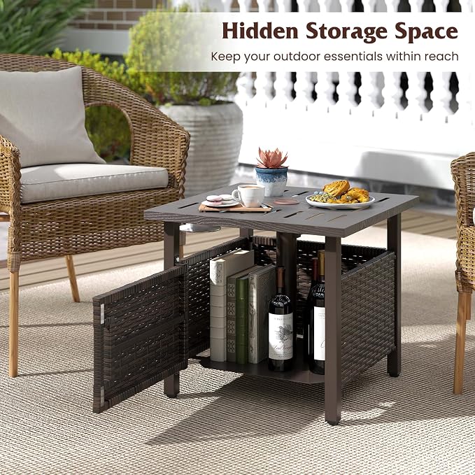 HAPPYGRILL Outdoor Side Table with 1.93" Umbrella Hole, Patio Umbrella Stand with Zinc-Iron Alloy Tabletop, Rustproof Metal Frame, PE Rattan End Table for Deck Garden Yard Poolside (with Sand Bag)