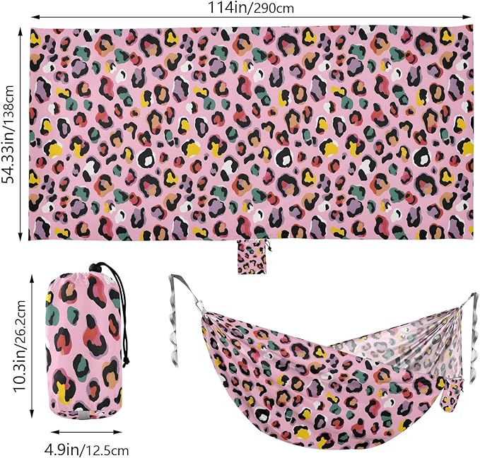 Camping Hammock Outdoor Hammocks for Outside Pink Colorful Leopard Cheetah Beach Trees Portable Lightweight with Pockets Tree Straps Indoor