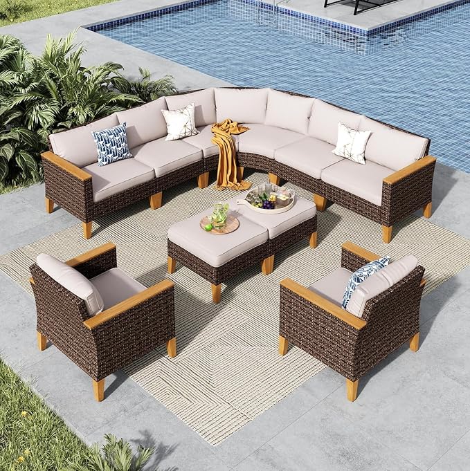 MFSTUDIO 10 Pieces Wicker Patio Furniture Set, All-Weather Extra Large Rattan Half-Moon Curved Sectional Sofas Outdoor Conversation Sets for Garden, Backyard(Beige Cushion)