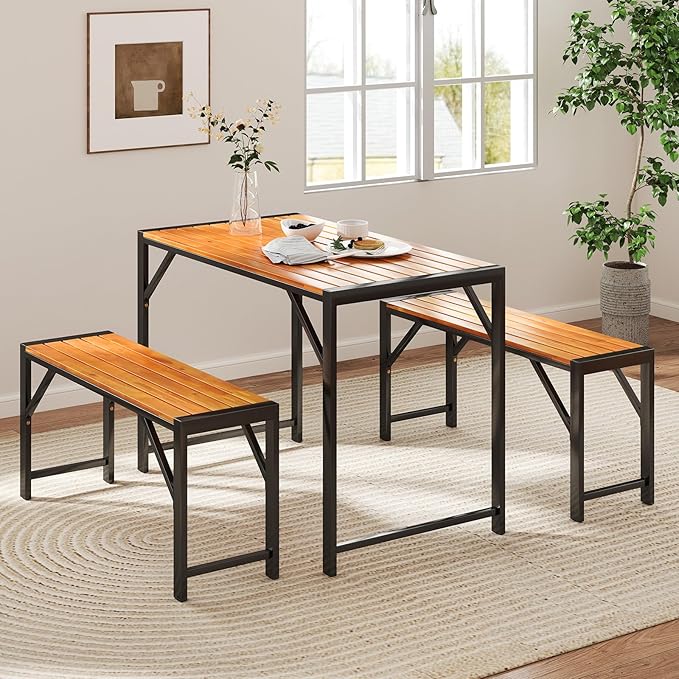 Tangkula 3-Pieces Patio Dining Set for 4 People, Outdoor Picnic Table & 2 Benches, 44" Acacia Wood Dining Table w/Metal Frame, Space-Saving Dinette Set for Garden Porch Poolside Yard Balcony