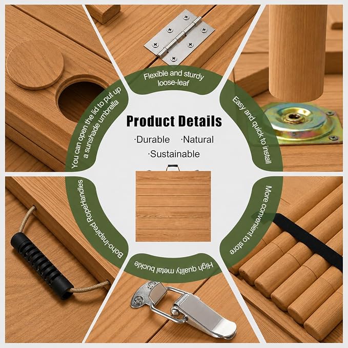 60" Folding Picnic Table with Table Runner & 6 Placemats, Solid Wood Portable Low Picnic Table for Seating 6, Wooden Foldable Table for Outdoor Camping, Beach, Boho Party, Patio (Brown)