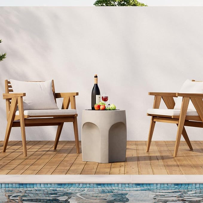 HOMPUS Outdoor Side Table w Arch Shape, Unique Concrete End Table, Round Patio Accent Table MgO Lightweight, Modern Vintage Garden Plant Stand for Indoor Use, Grey